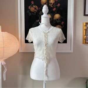 Thorn & Fable cream sheer delicate lace tie front short sleeve top S